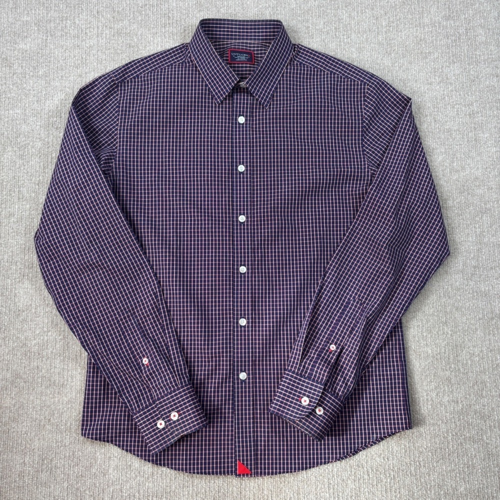 UNTUCKit Graach Slim Fit Navy Red Checkered Button Down Shirt‎ Men's Size Medium - Picture 4 of 8